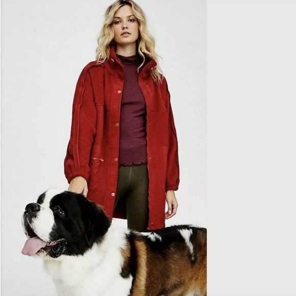 NWT Free People FP Movement Glacier Fleece Full Zip Long Jacket in Red - Medium - Picture 1 of 12
